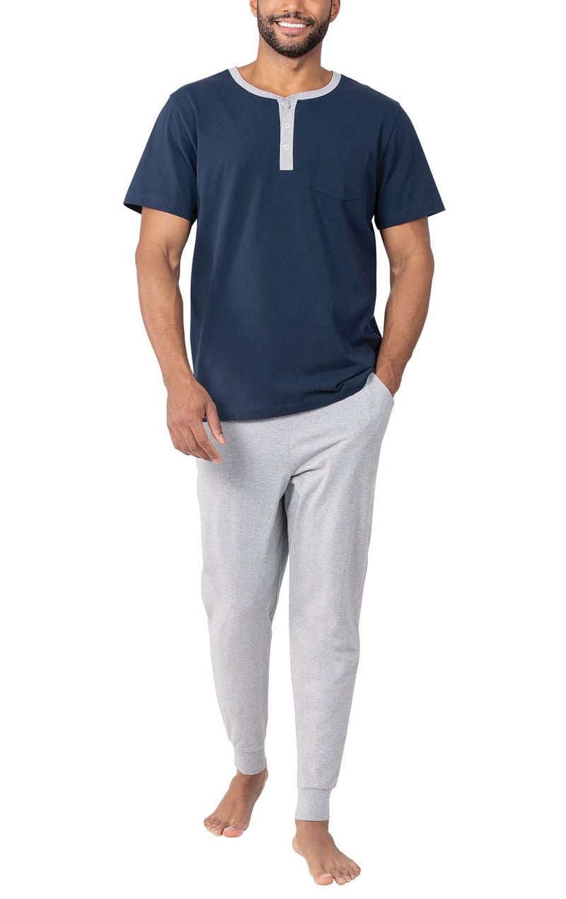 PajamaGram Mens Lightweight Jogger Pants Pajama Set 100 Cotton PJ Sets for Men Casual Joggers for Men with Pockets Sets Gray Jogger Pants for Navy Blue Short Sleeve Henley Top LG - Image 1